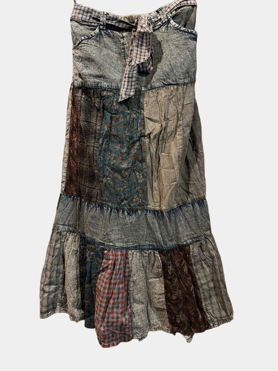 Young Threads Dresses & Skirts - Young Threads Tiered Patchwork Maxi Skirt in Denim Blue and Earth Tones